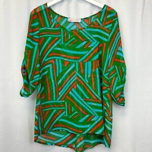 Love Notes Womens Hi Lo Top Multicolor Geometric 3/4 Sleeve Jewel Neck USA M